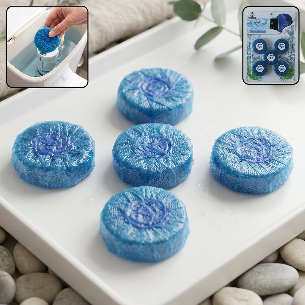 Blue flushing toilet cleaner tablet improving hygiene with each flush