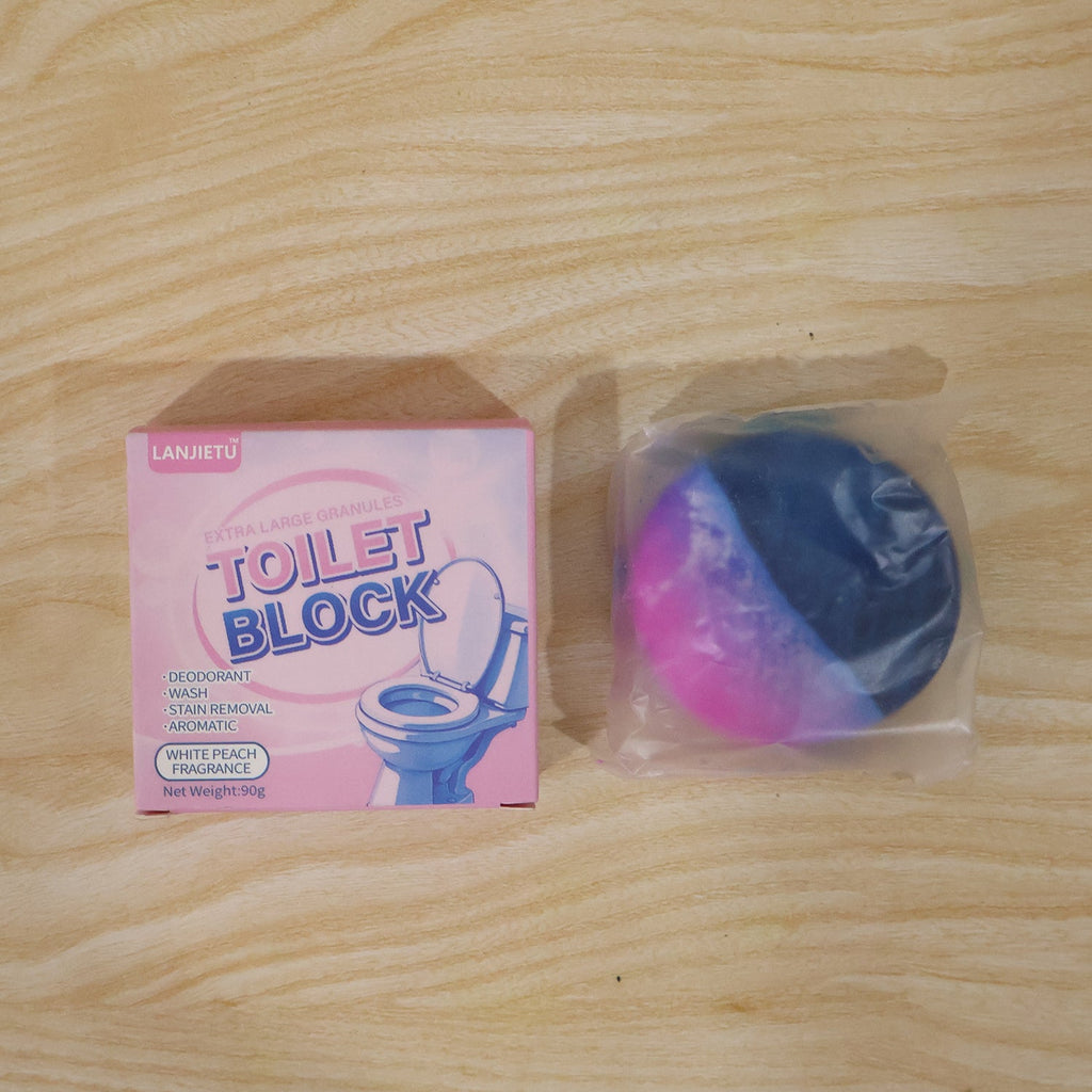 Blue flush toilet cleaner block with refreshing white peach scent.