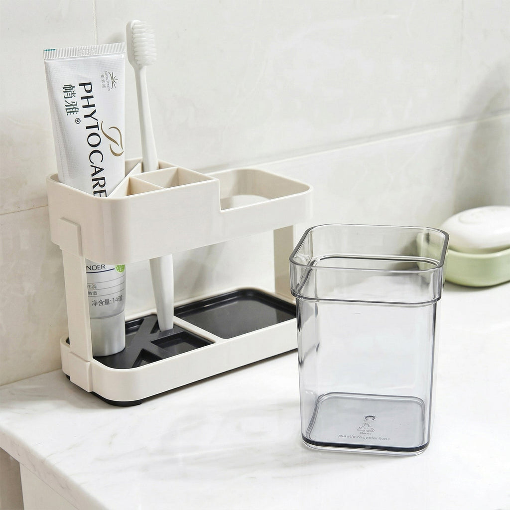 Bathroom countertop toothbrush holder with compartments