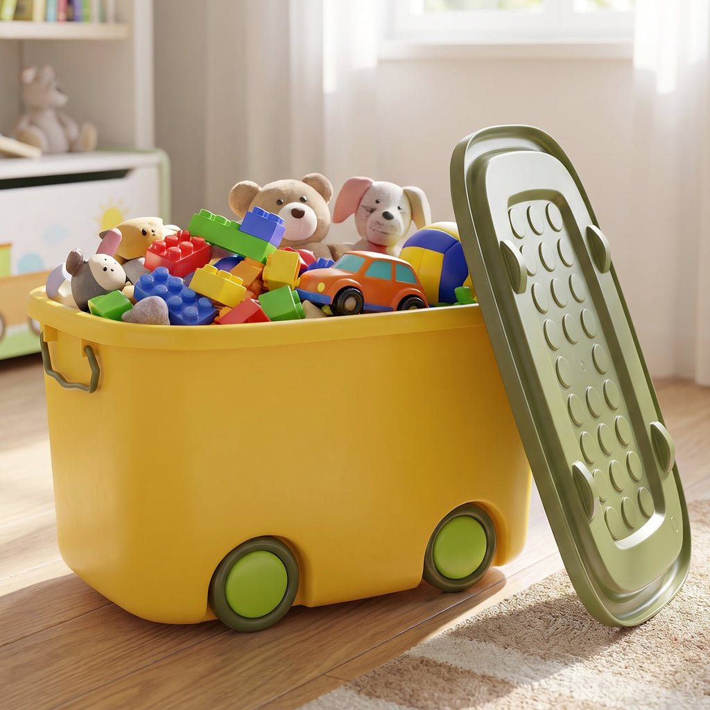 Mobile plastic storage bin with lid and castor wheels