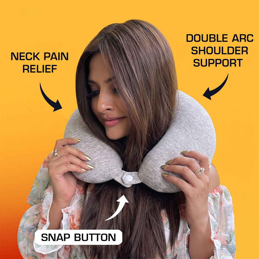 Soft grey neck cushion for flights, cars and trains