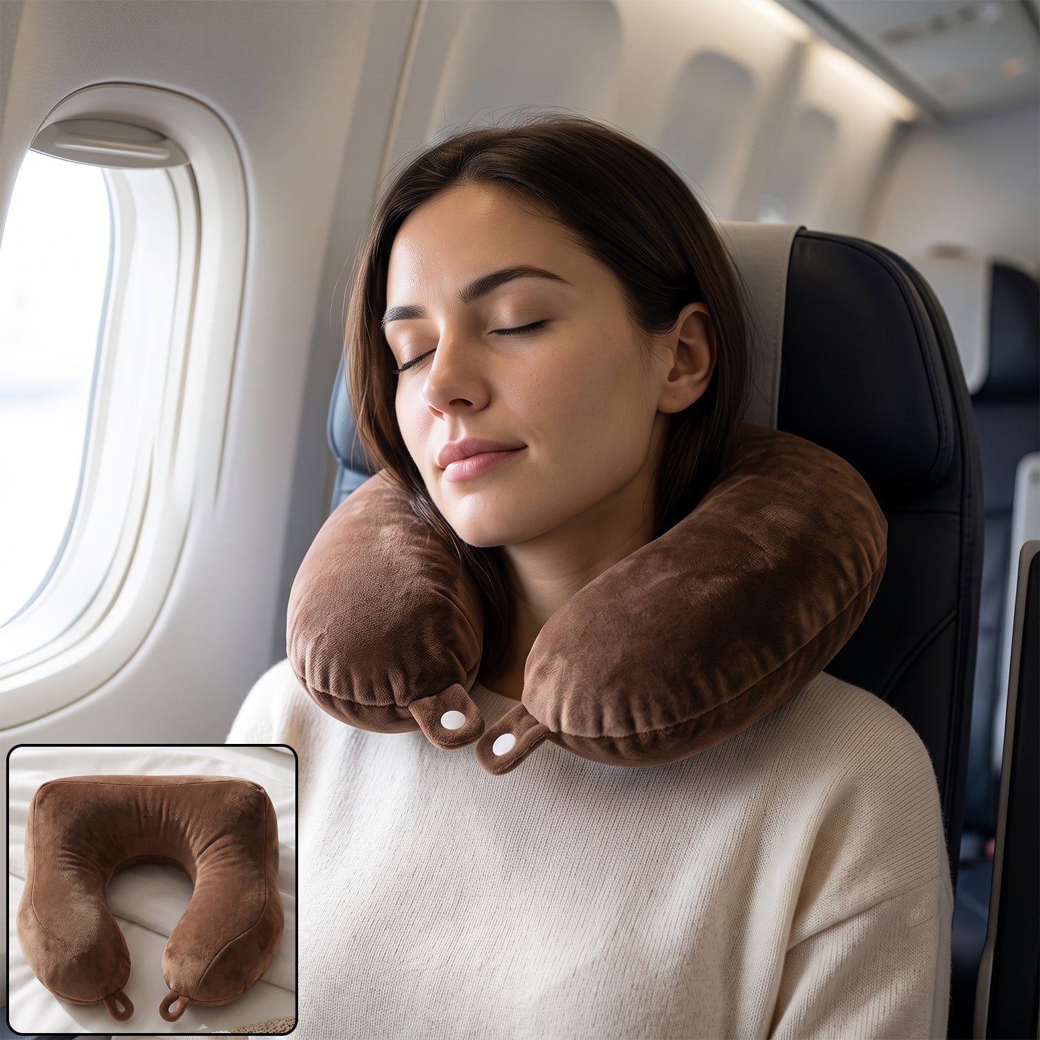 U shaped soft travel neck pillow, brown plush head and neck support (1 pc)