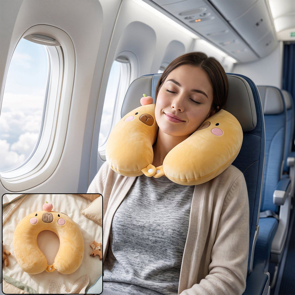 U shaped travel neck pillow, cute capybara soft plush pillow for kids (1 pc)