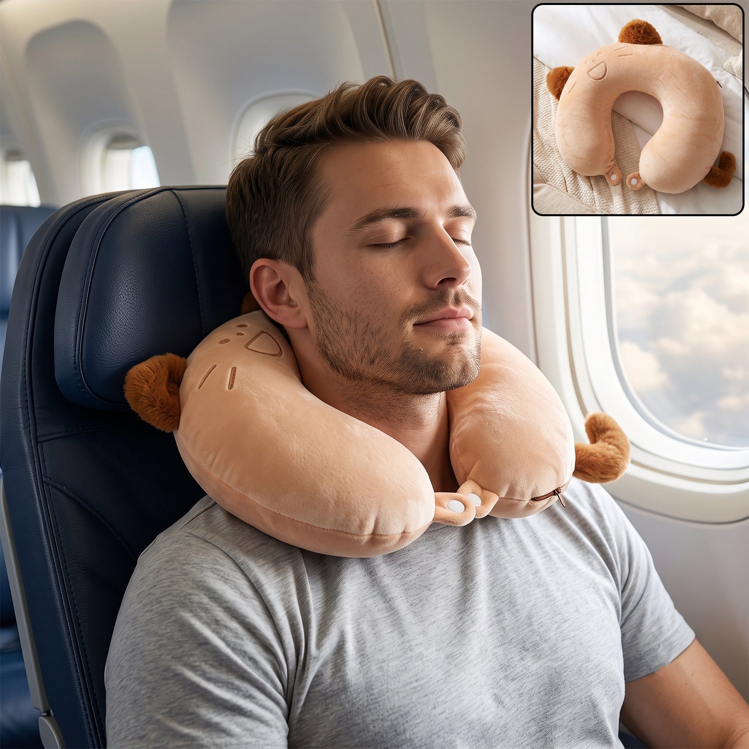 U shaped travel neck pillow, cute cat soft plush pillow with ears (1 pc)