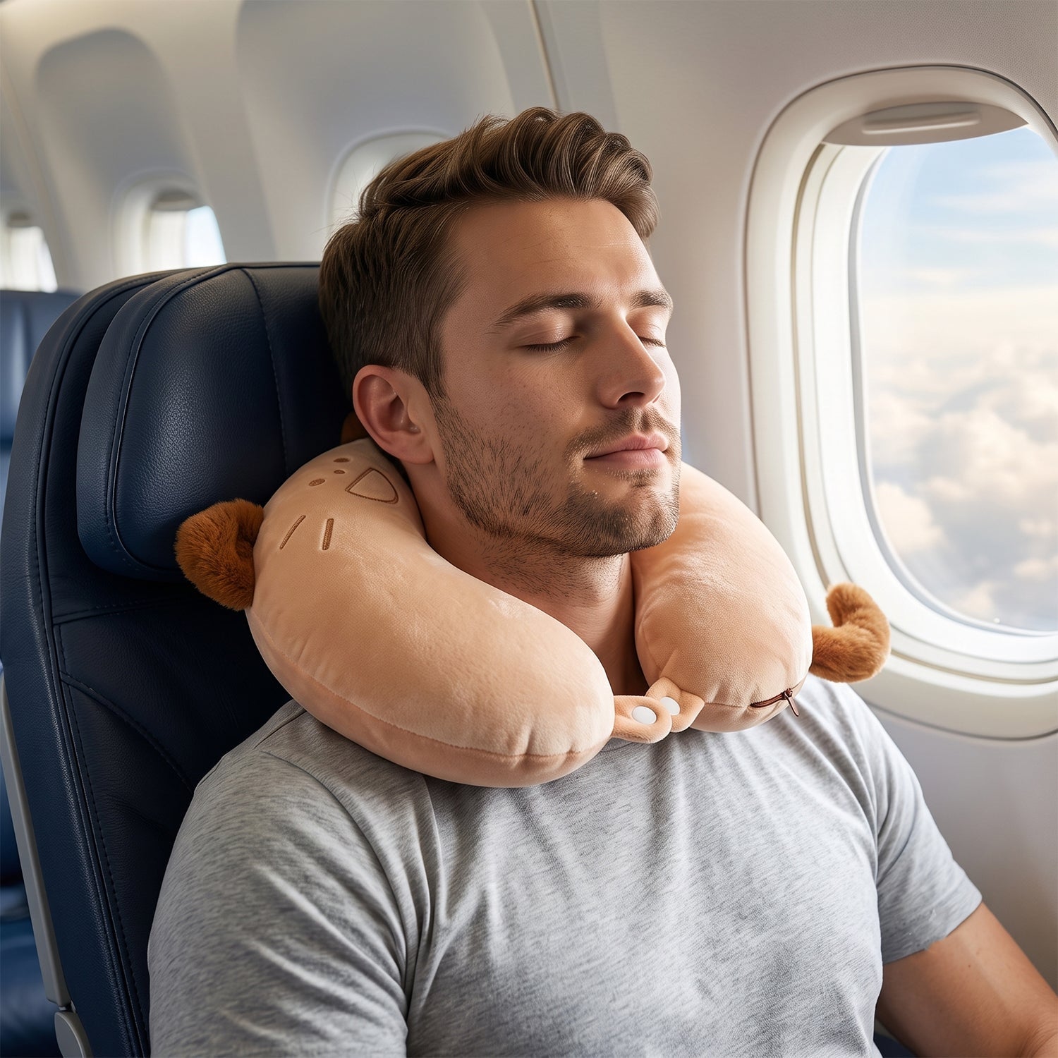 Soft plush cat pillow for flights, trains and road trips