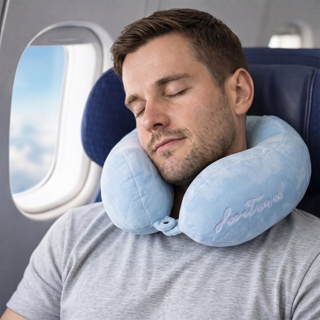 Portable U shaped pillow with soft blue cover