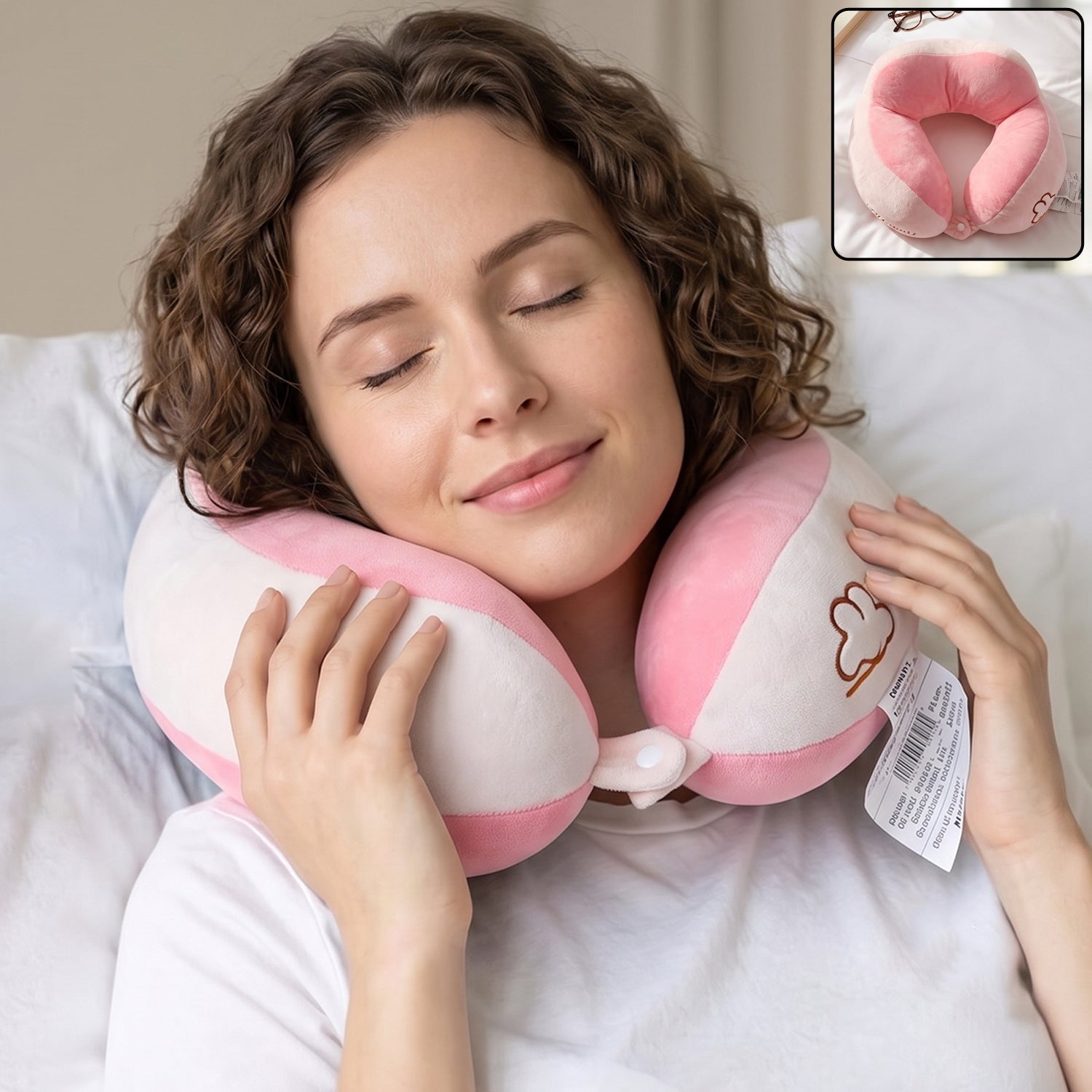 U shaped travel neck pillow, soft plush pink and white head and neck support (1 pc)