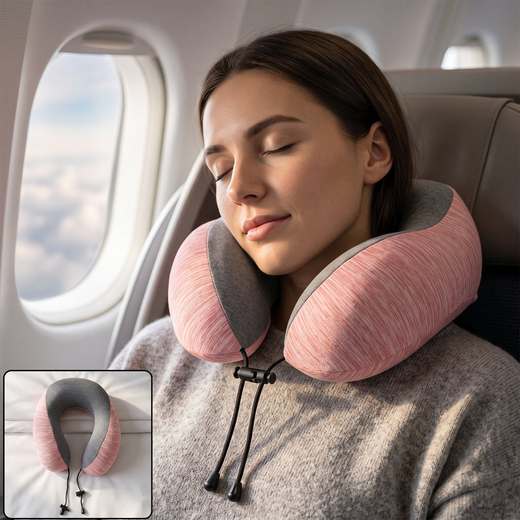 U shaped travel neck pillow, pink and grey with drawstring toggle (1 pc)