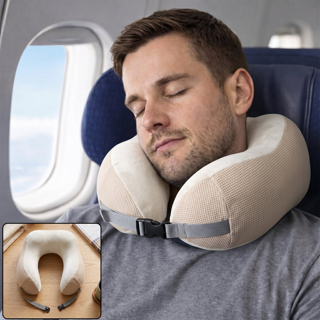 U shaped memory foam travel neck pillow, beige with buckle strap (1 pc)