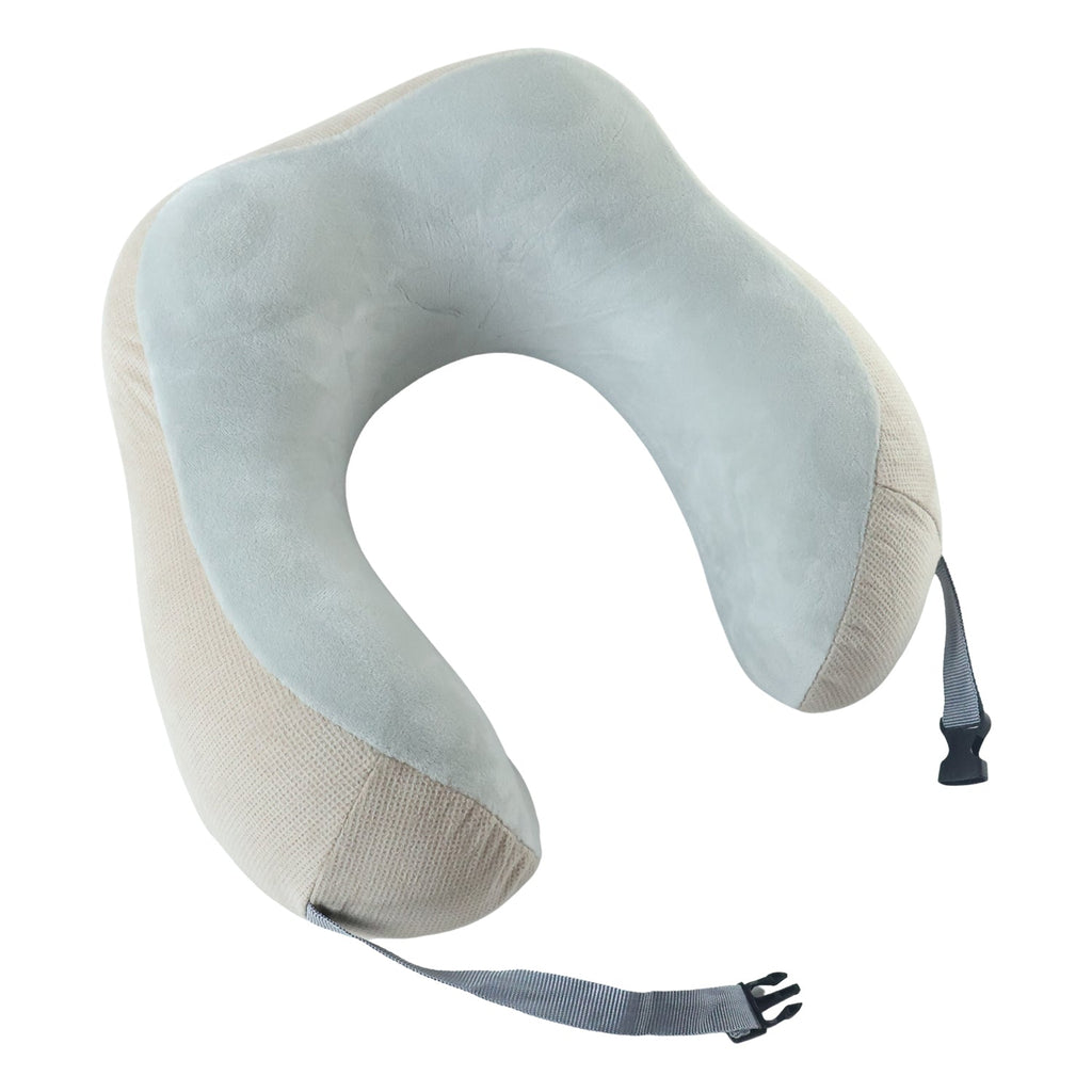 Comfortable beige neck pillow with adjustable buckle strap