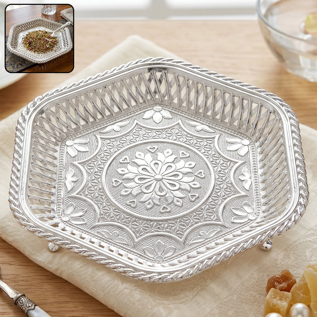Decorative silver serving tray embossed floral