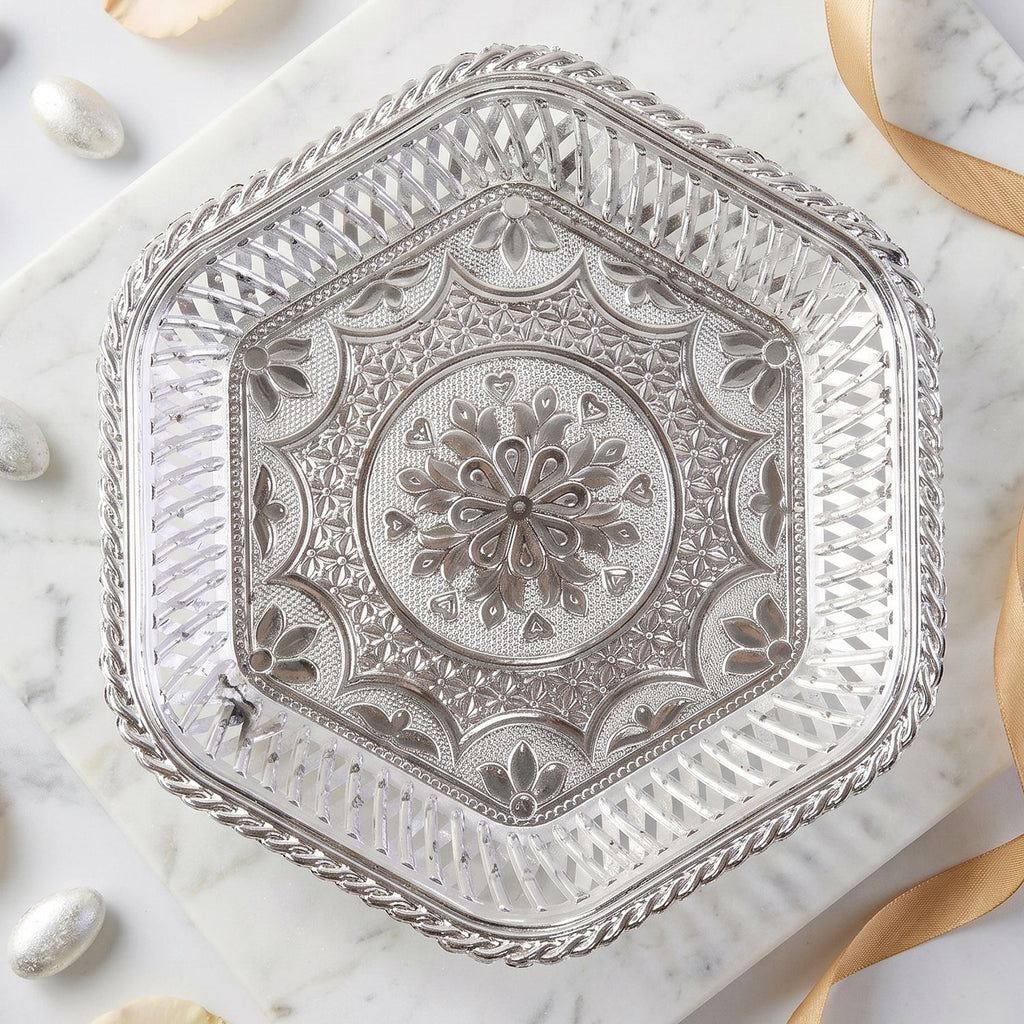 Silver tray floral pattern detail
