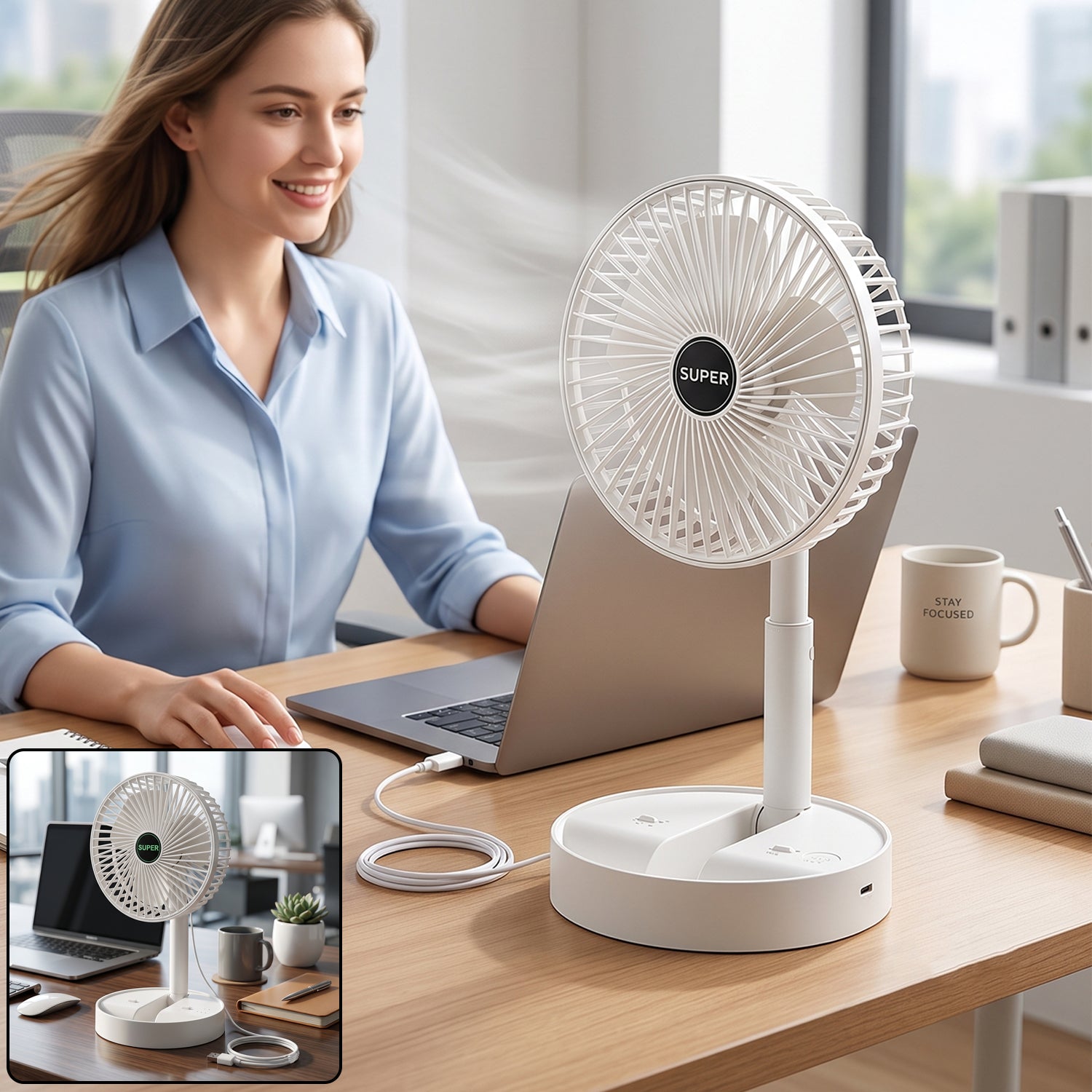 Portable foldable USB desktop fan with adjustable height stand (1 pc)