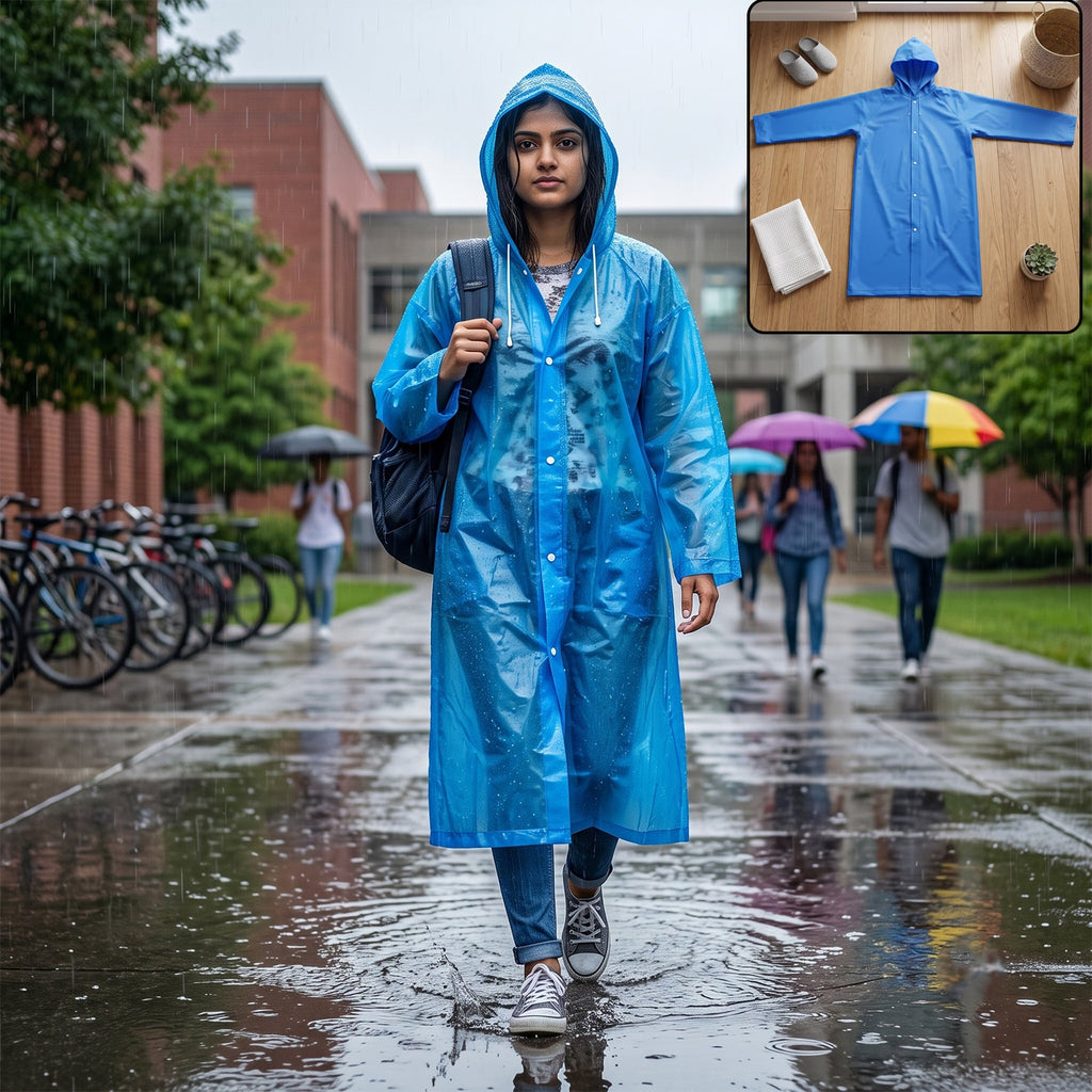 Blue rain coat front view