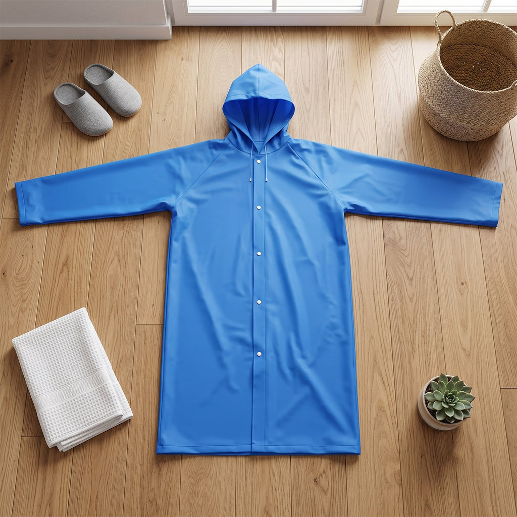 Blue raincoat button closure