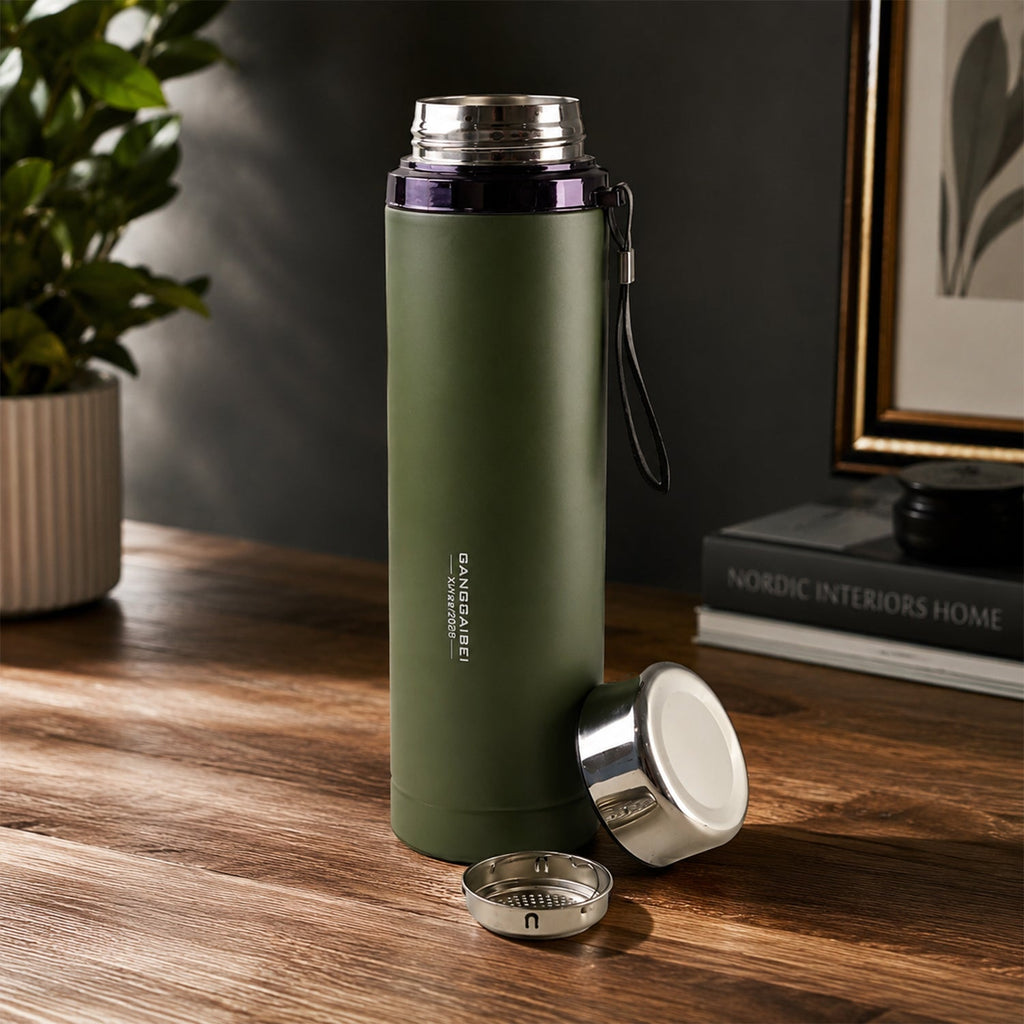 Leak proof steel thermos flask, 1000ml, keeps drinks hot or cold
