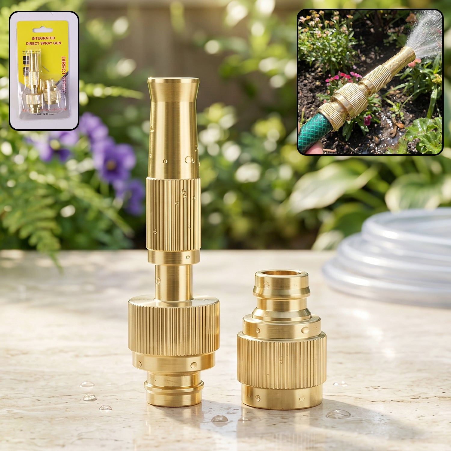 Golden Brass Garden Hose Water Nozzle Spray Gun with Quick Connect Tap Adapter (1 Set) product image