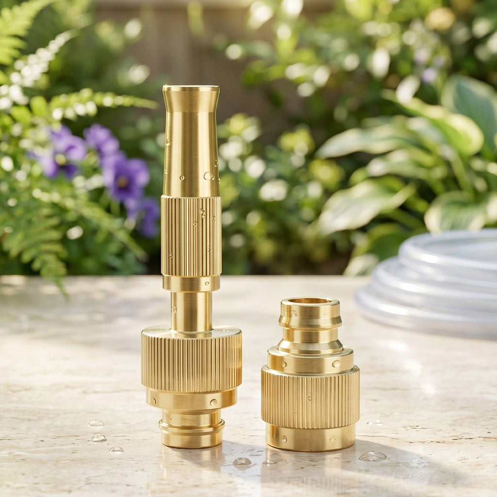 Golden Brass Garden Hose Water Nozzle Spray Gun with Quick Connect Tap Adapter (1 Set) view 8