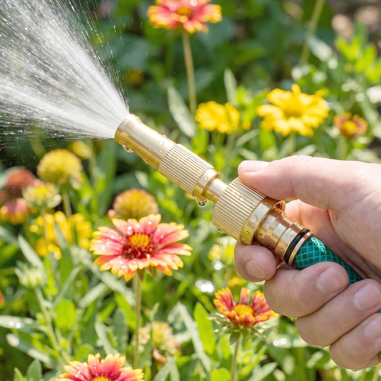 Golden Brass Garden Hose Water Nozzle Spray Gun with Quick Connect Tap Adapter (1 Set) view 3