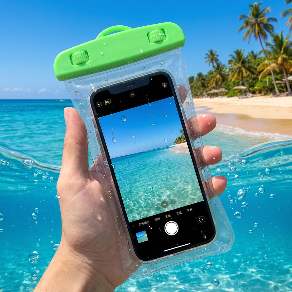 Waterproof mobile pouch with lock placed on sand at the beach, ready for outdoor use.