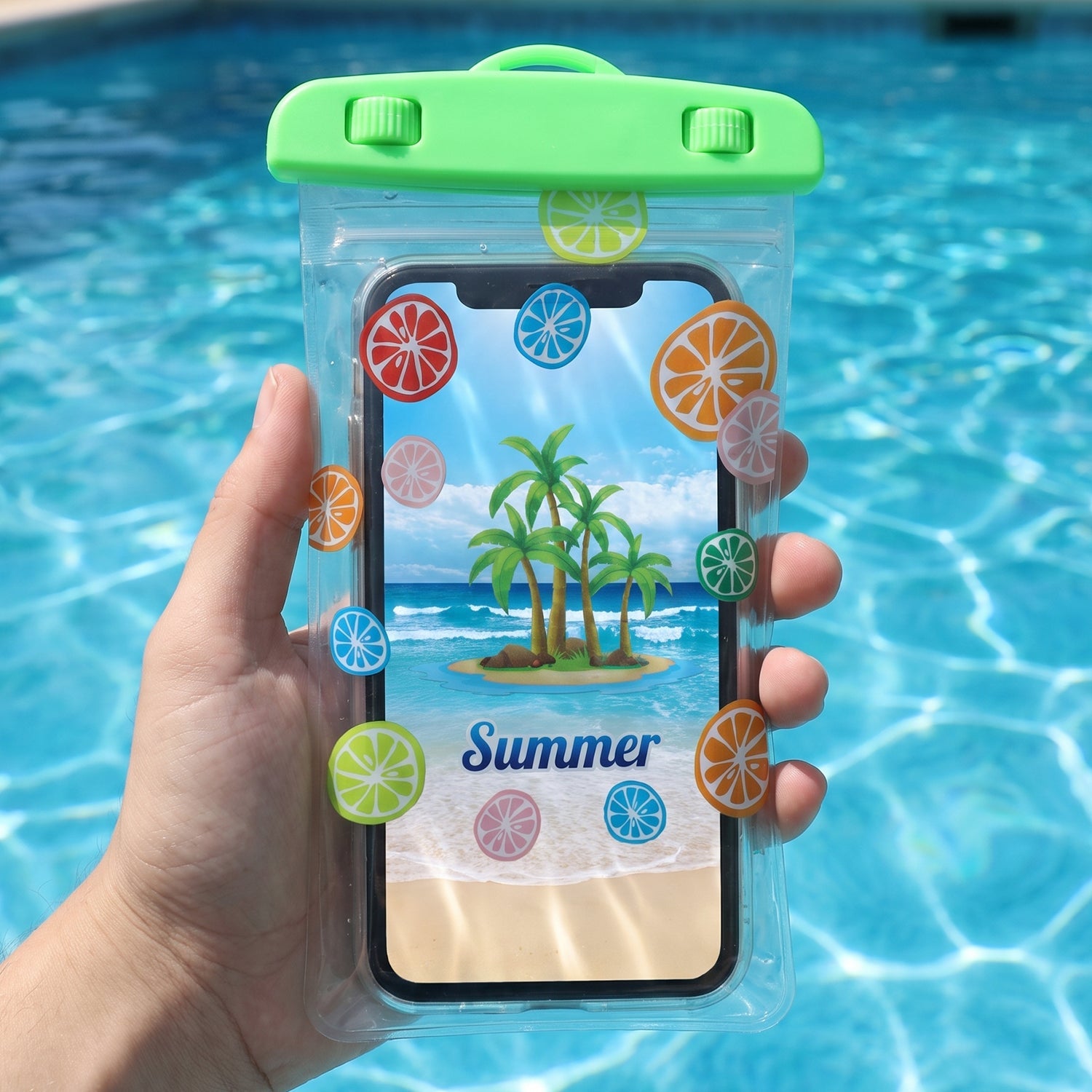 Collection of transparent and green waterproof mobile pouches with locks, highlighting color options.