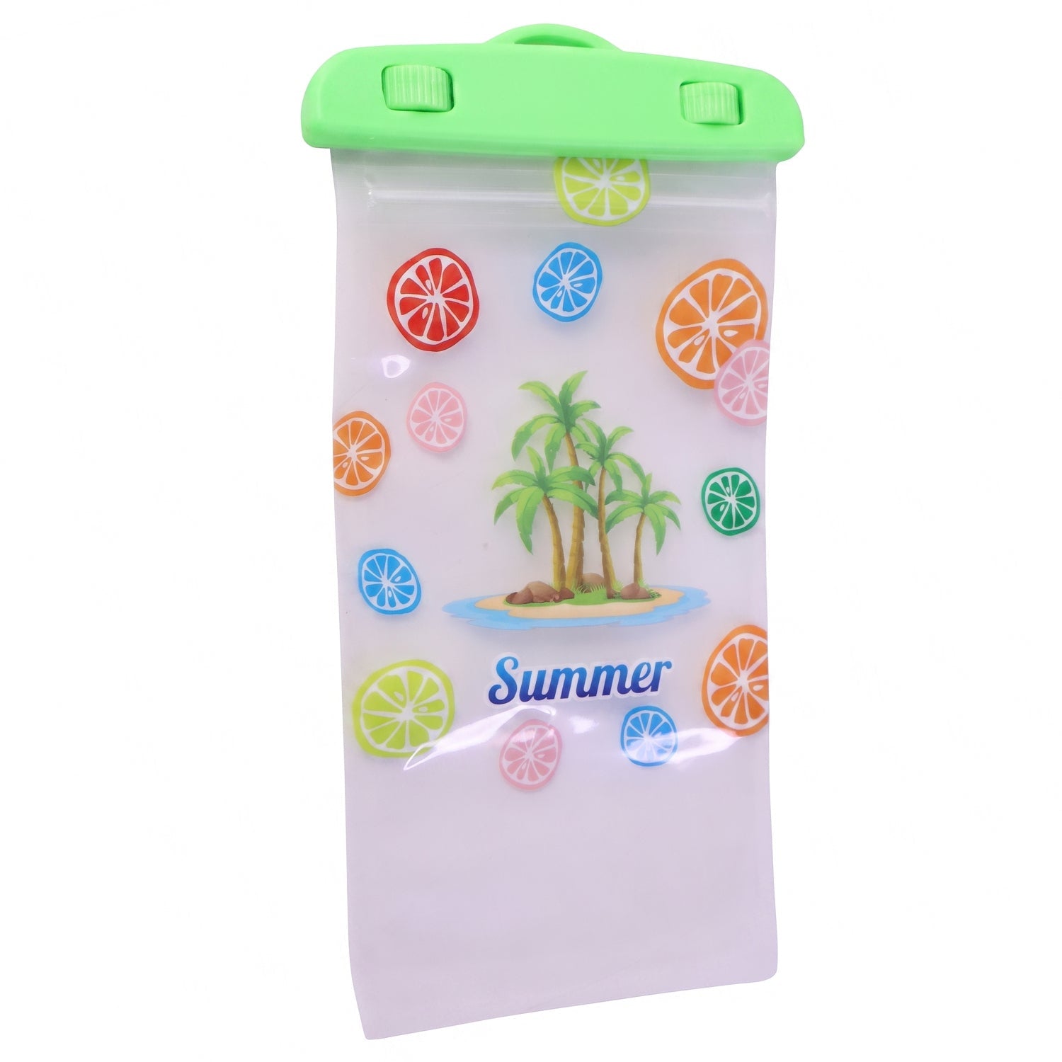 Waterproof mobile pouch with lock fully submerged in clear water, demonstrating its water resistance.
