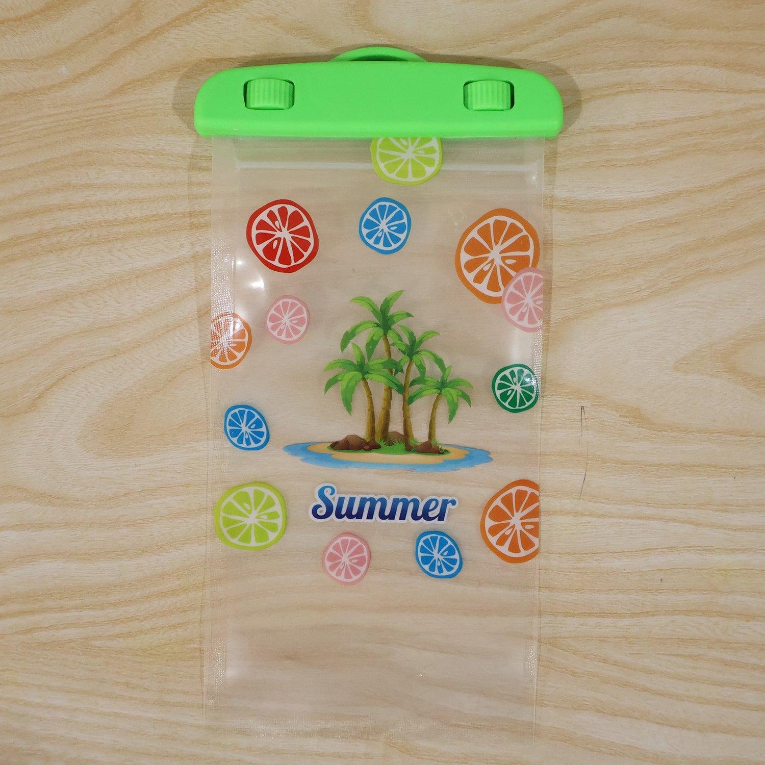 Waterproof mobile pouch with lock holding a phone, cash, and cards, illustrating storage capacity.