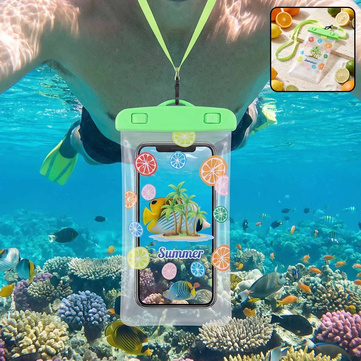 Waterproof mobile pouch with neck strap in green, shown protecting a phone.