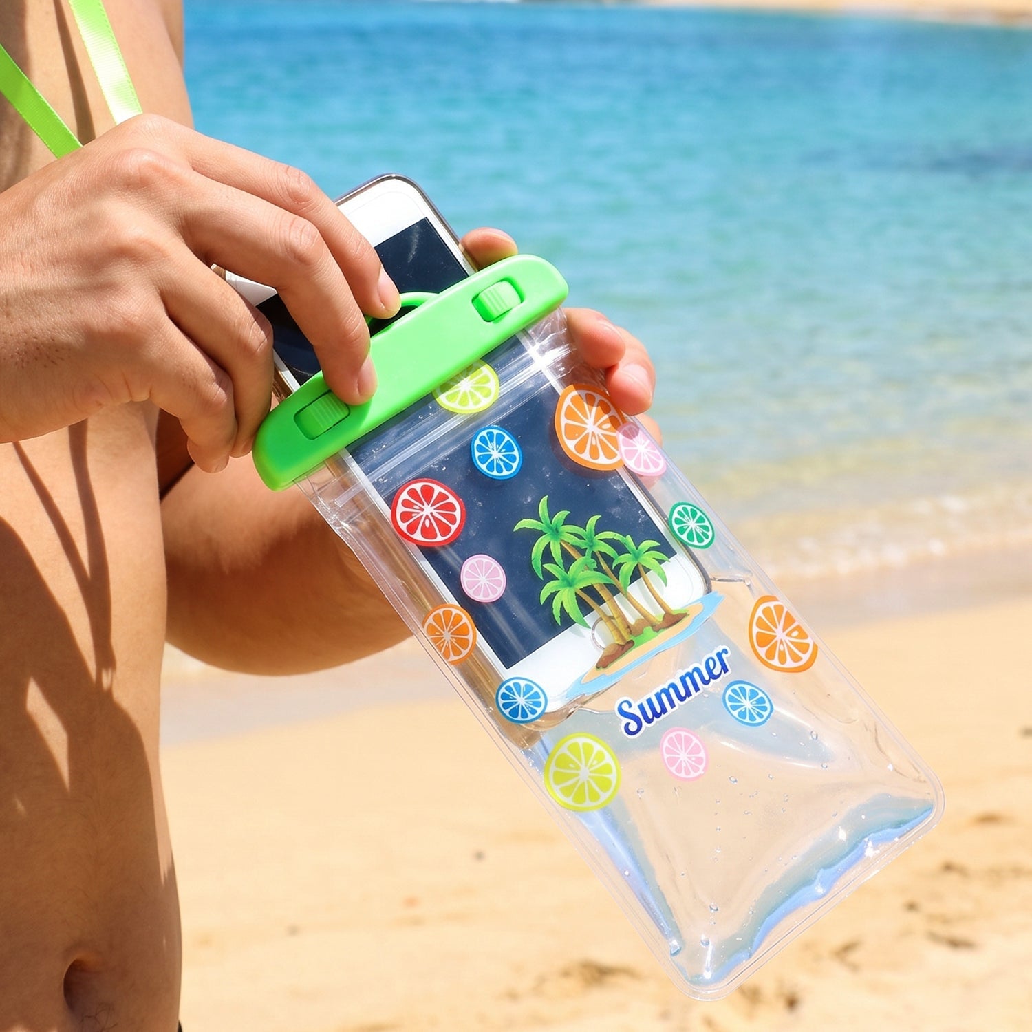 Back view of the waterproof phone pouch with neck strap.