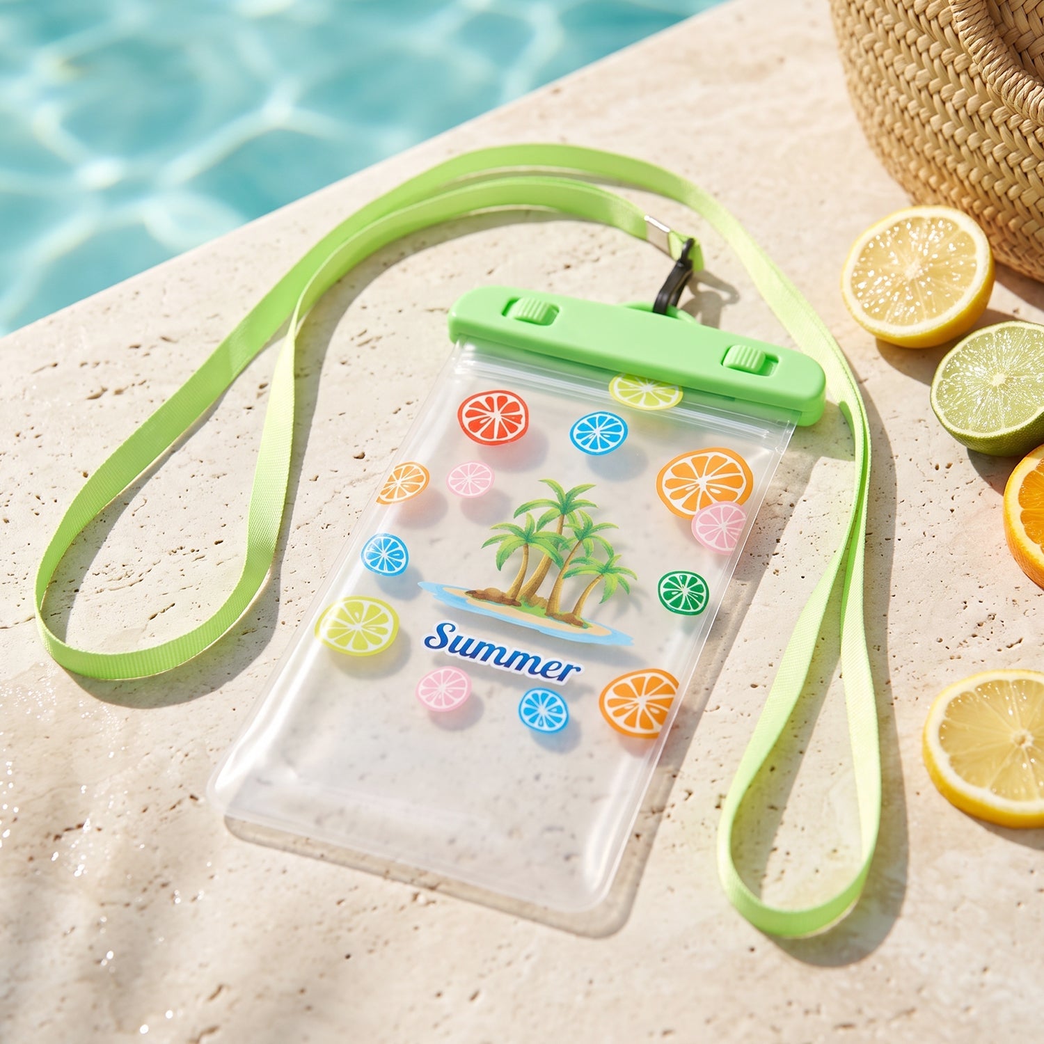 Detail of the neck strap attachment on the waterproof phone cover.