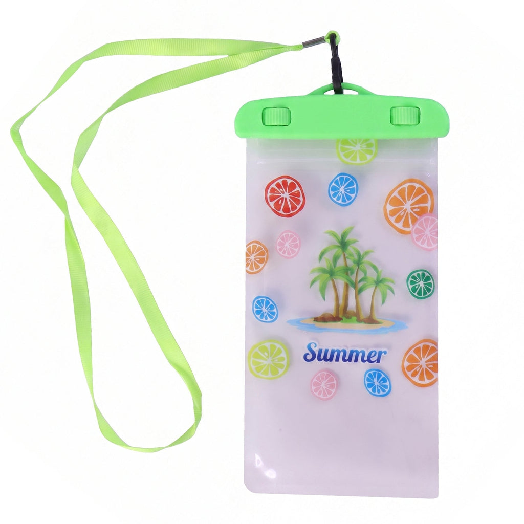 Person holding a phone inside the waterproof pouch near water.