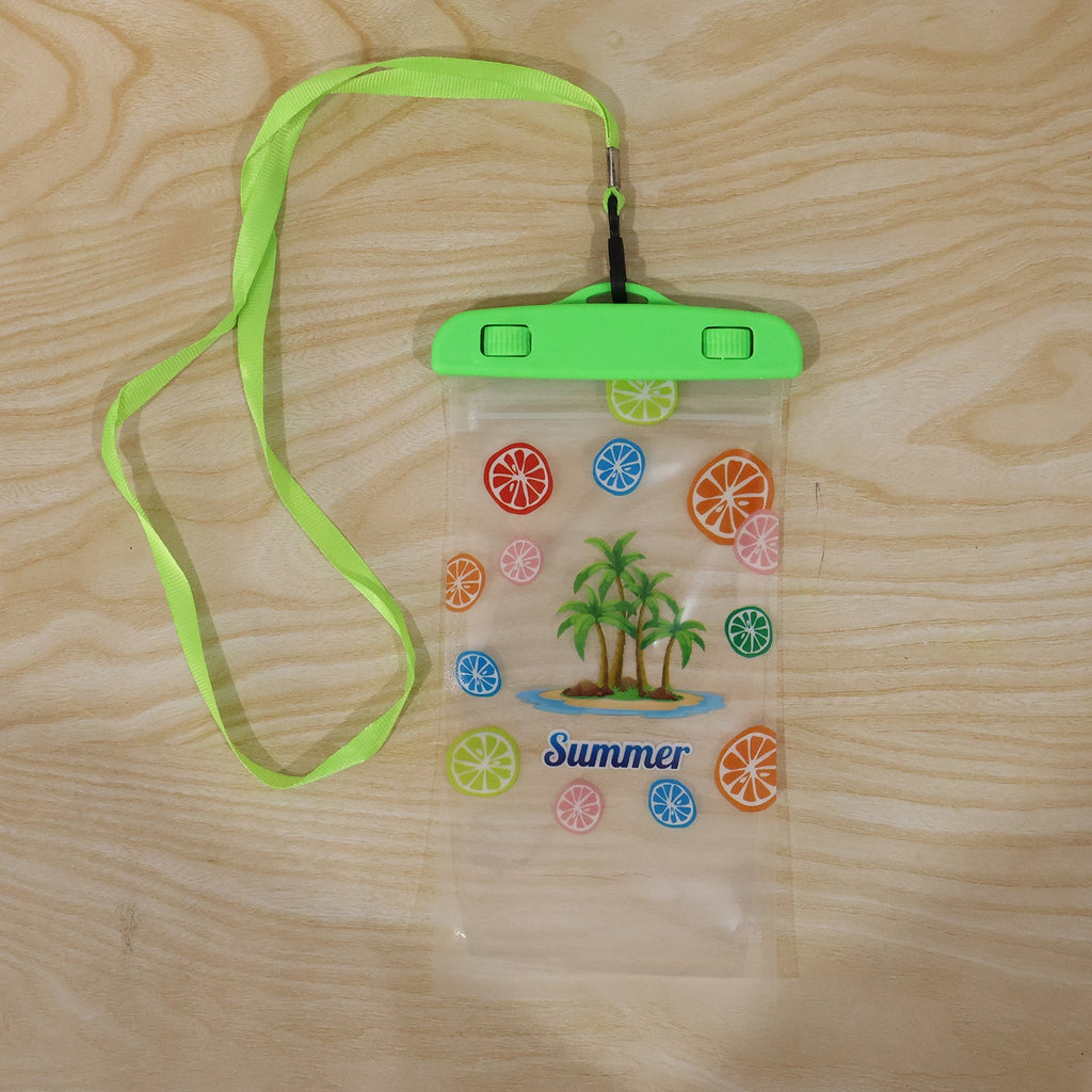 Waterproof mobile pouch in various colours, highlighting its design.
