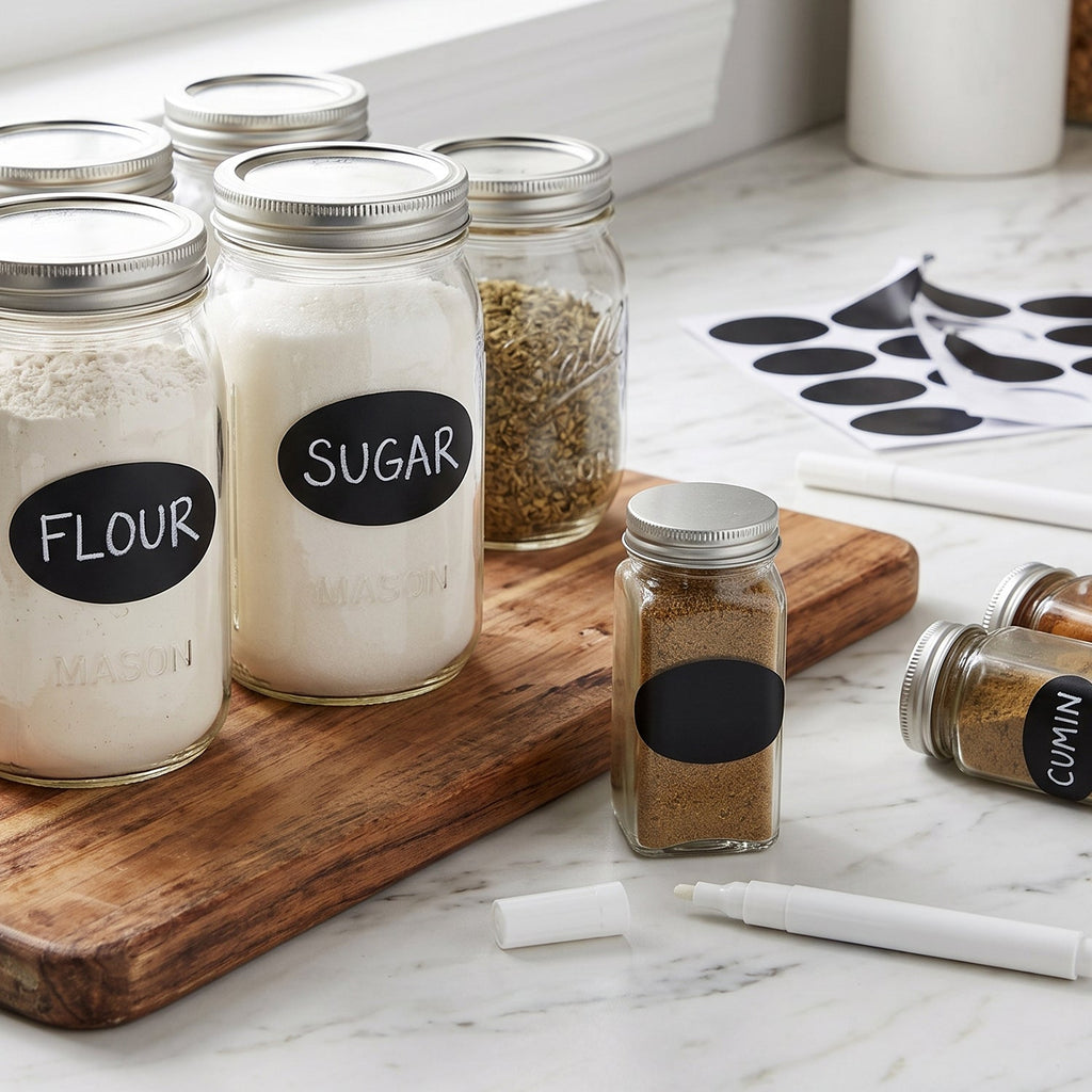 Reusable pantry labels with marker for tidy storage