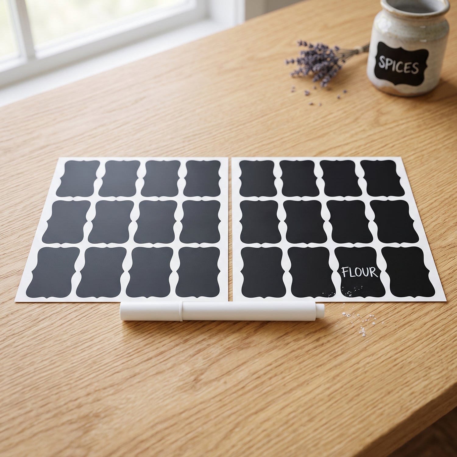 Decorative chalkboard label set with marker for organizing