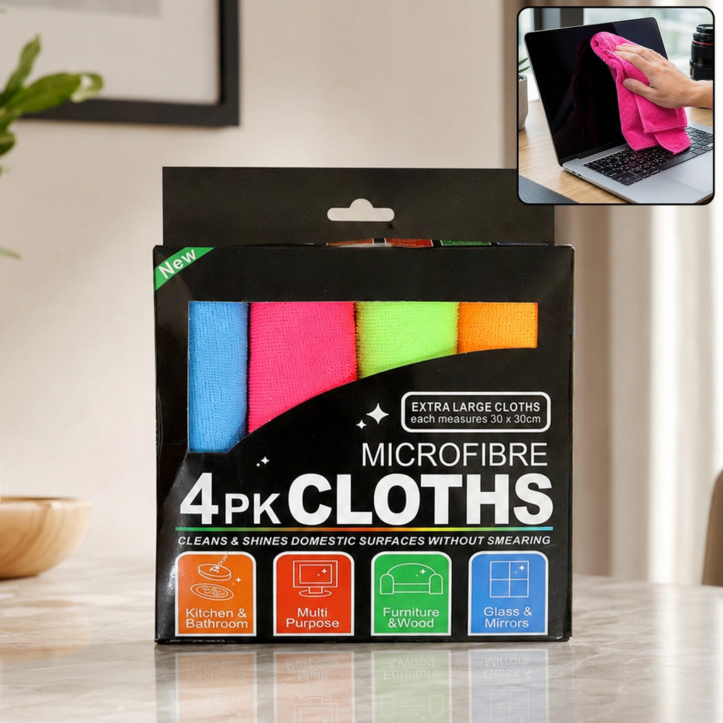 Set of 4 microfibre cloths for cleaning glass, counters and surfaces