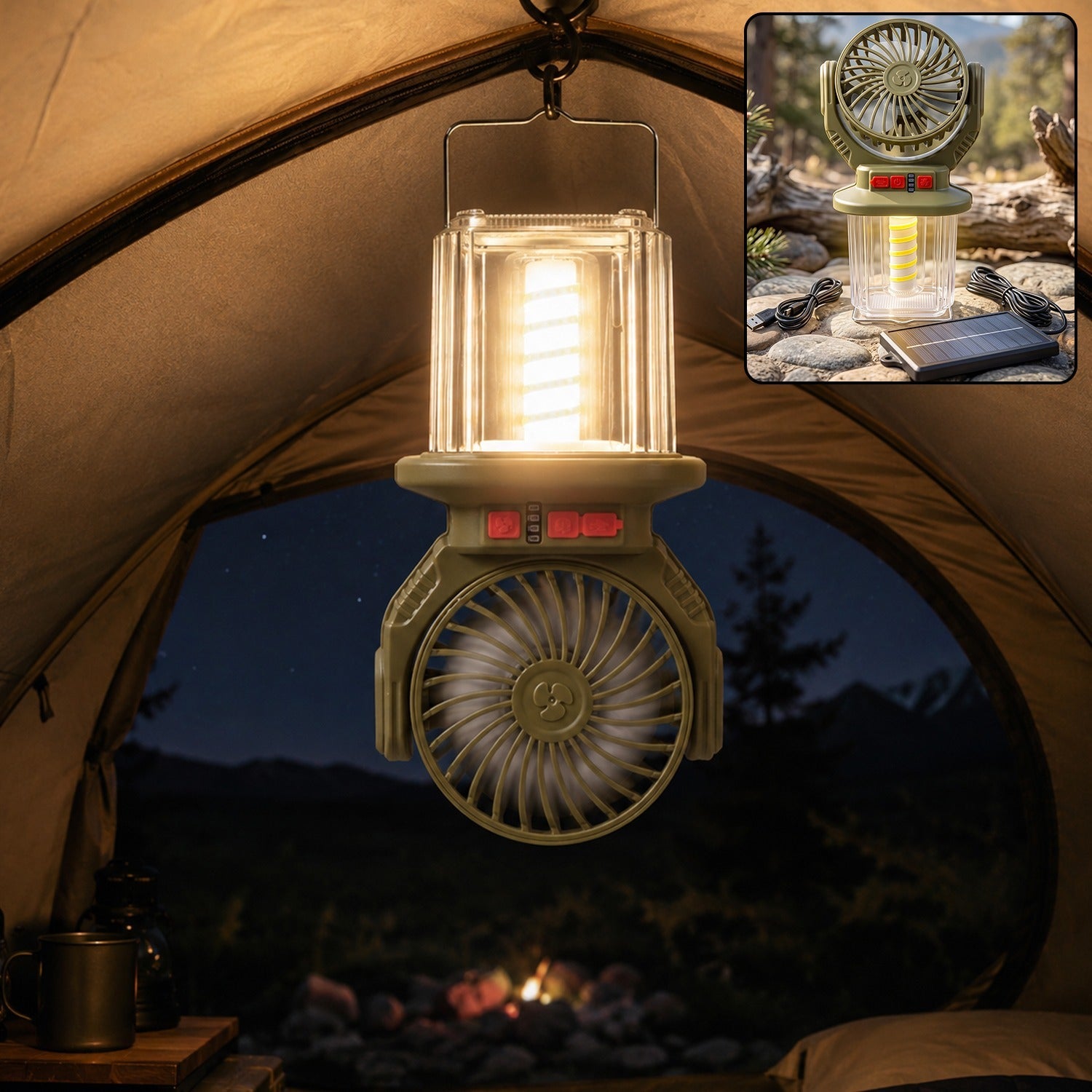 2 In 1 Solar Rechargeable Camping Fan with LED Lantern Light Portable (1 Pc)