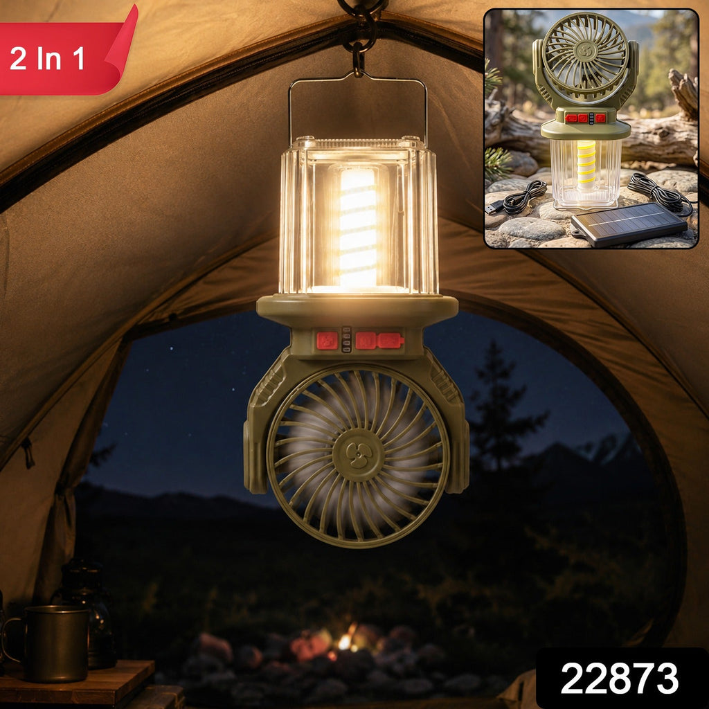2 In 1 Solar Rechargeable Camping Fan with LED Lantern Light Portable (1 Pc)