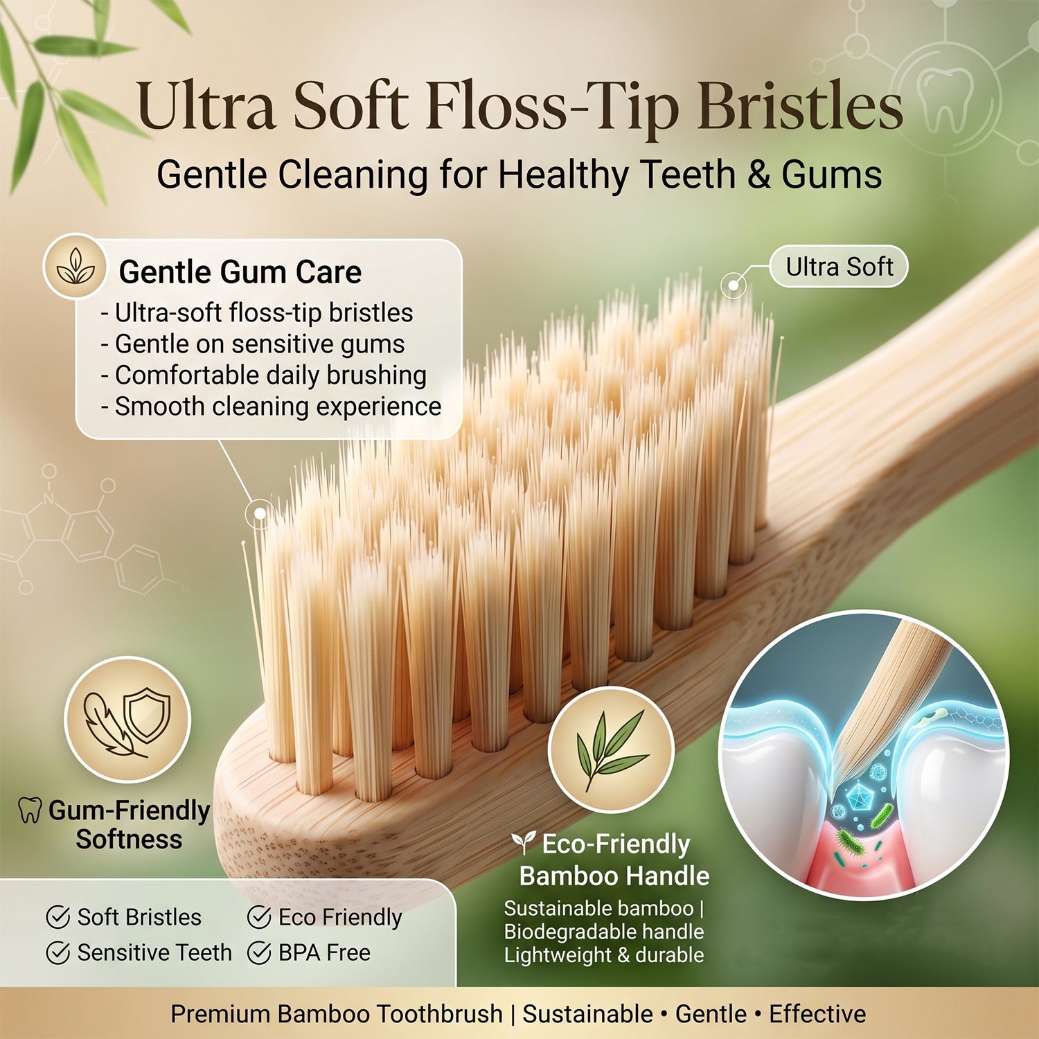 Soft Bamboo Toothbrush, Biodegradable Wooden Toothbrush with Natural Bristles (1 Pc)