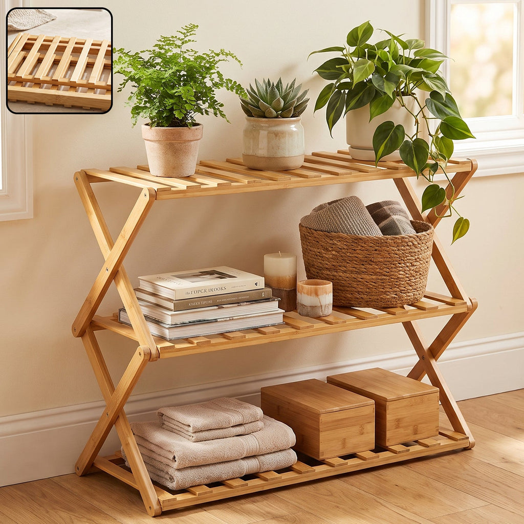 3 layer foldable bamboo shoe rack