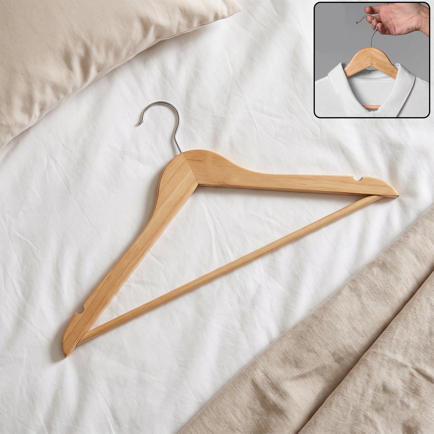 Premium wooden cloth hanger, garment and coat hanger with bar for wardrobe (1 pc)