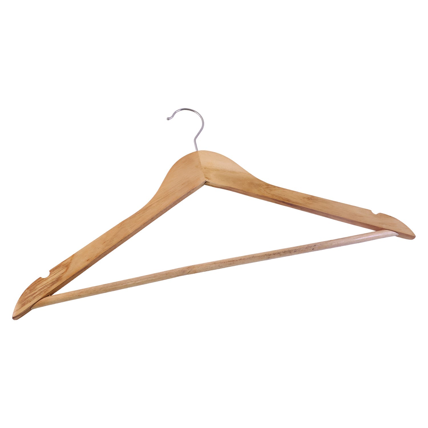 Durable wooden garment hanger with rounded shoulders for clothes