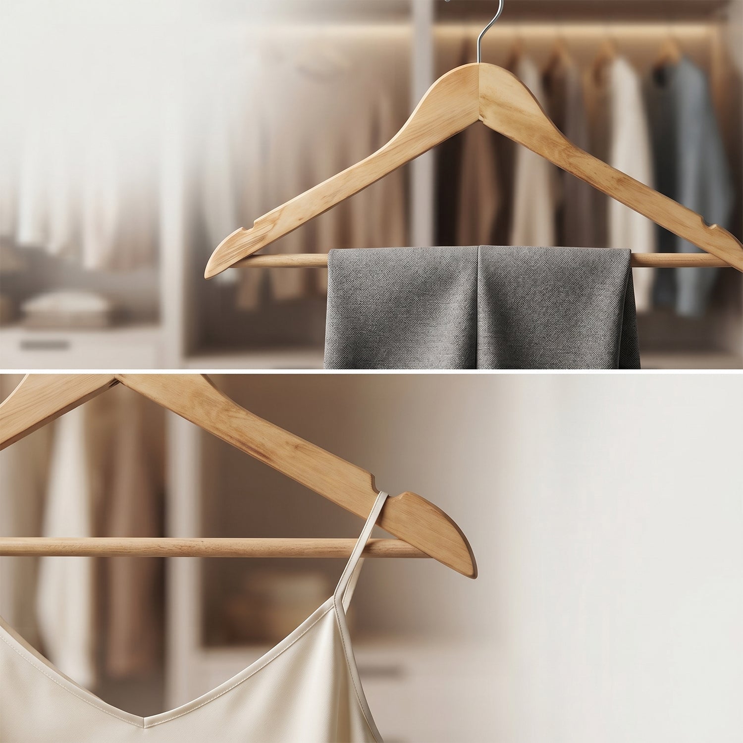 Natural wood clothes hanger with bar for wardrobe organizing