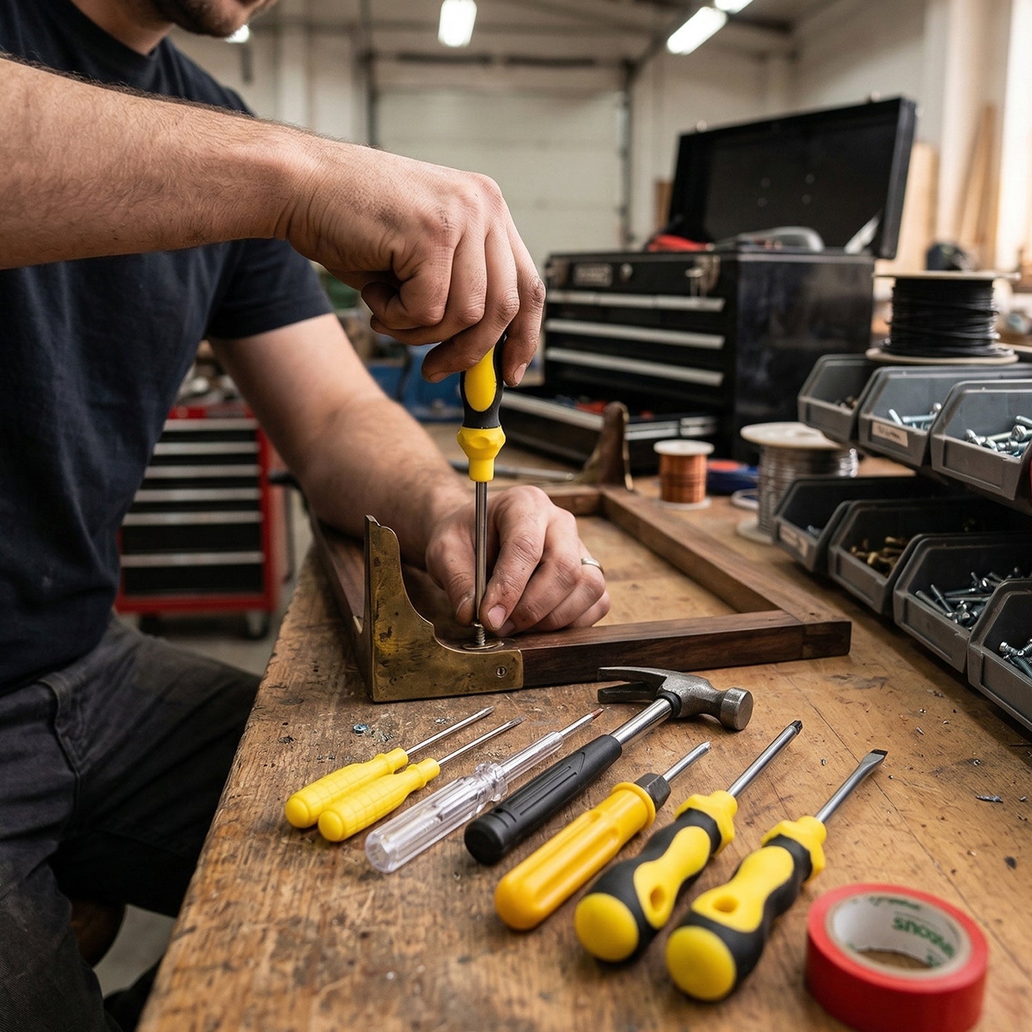 Basic DIY hand tools kit with screwdrivers and hammer