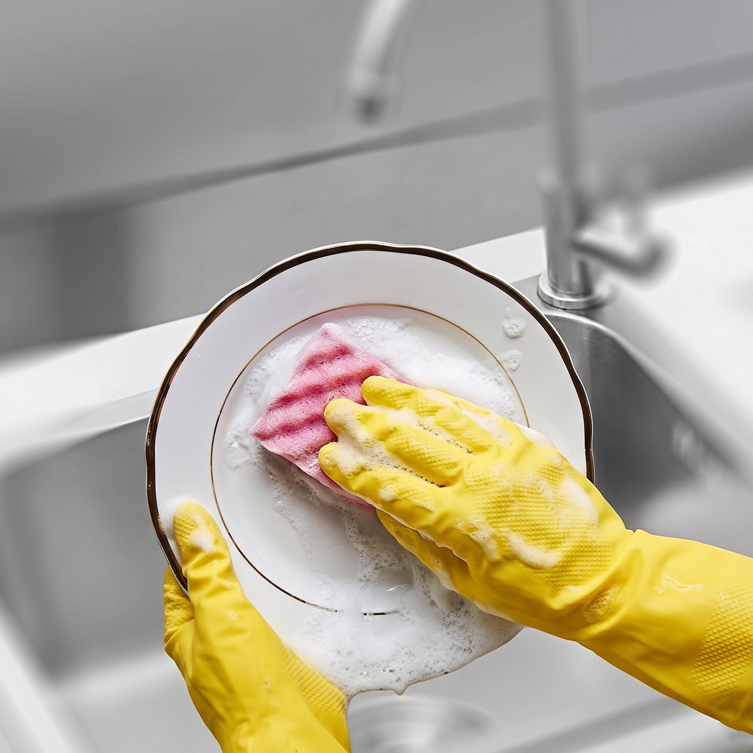 Close-up of large waterproof rubber gloves