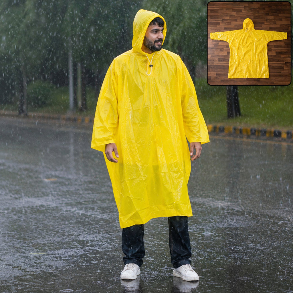 Bright yellow reusable hooded raincoat for effective monsoon protection.