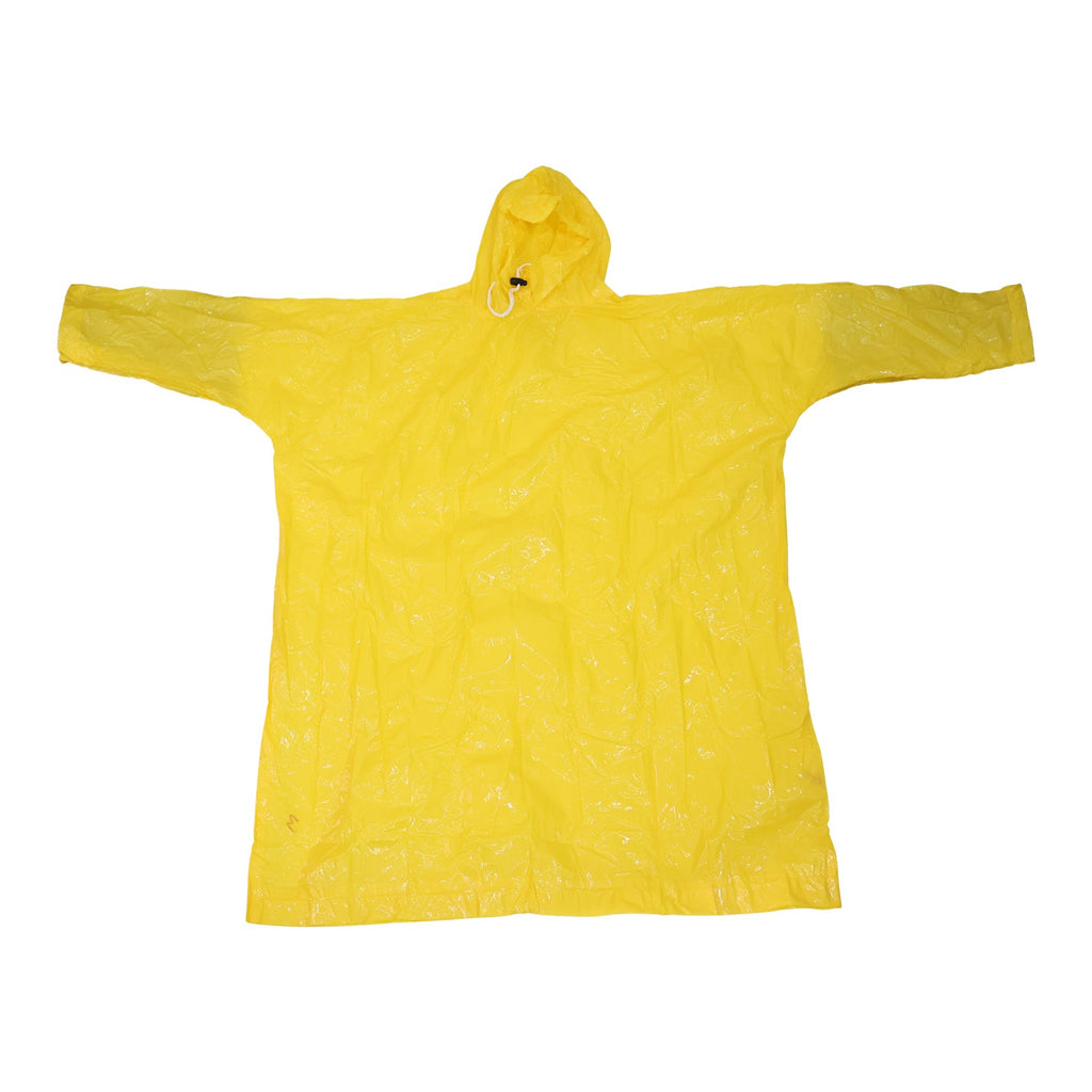 Close-up of the durable yellow hooded raincoat material and elastic cuffs.