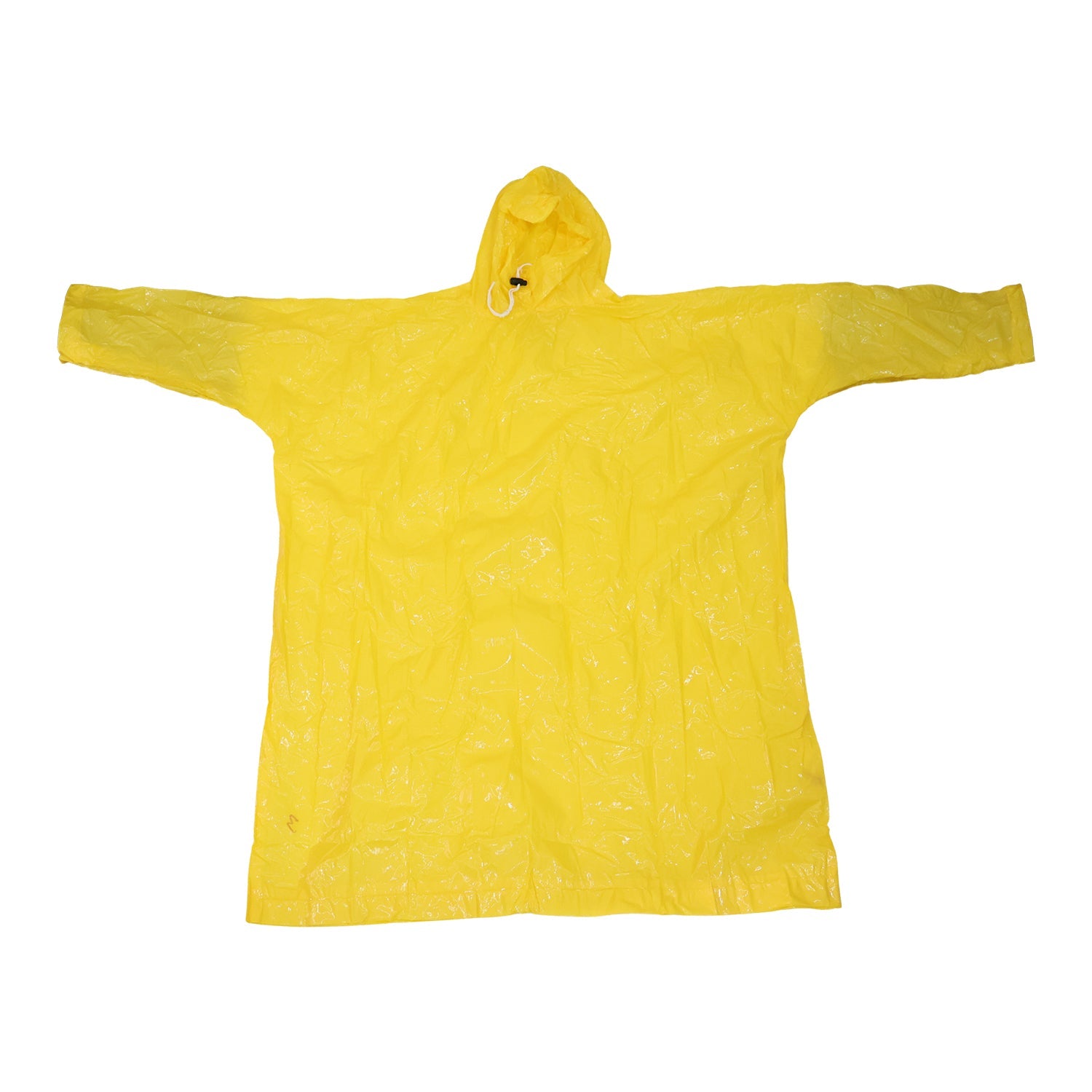 Close-up of the durable yellow hooded raincoat material and elastic cuffs.