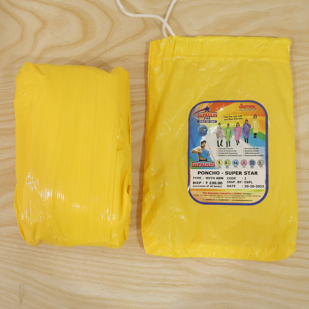 Yellow reusable waterproof raincoat with hood, suitable for daily use and travel.