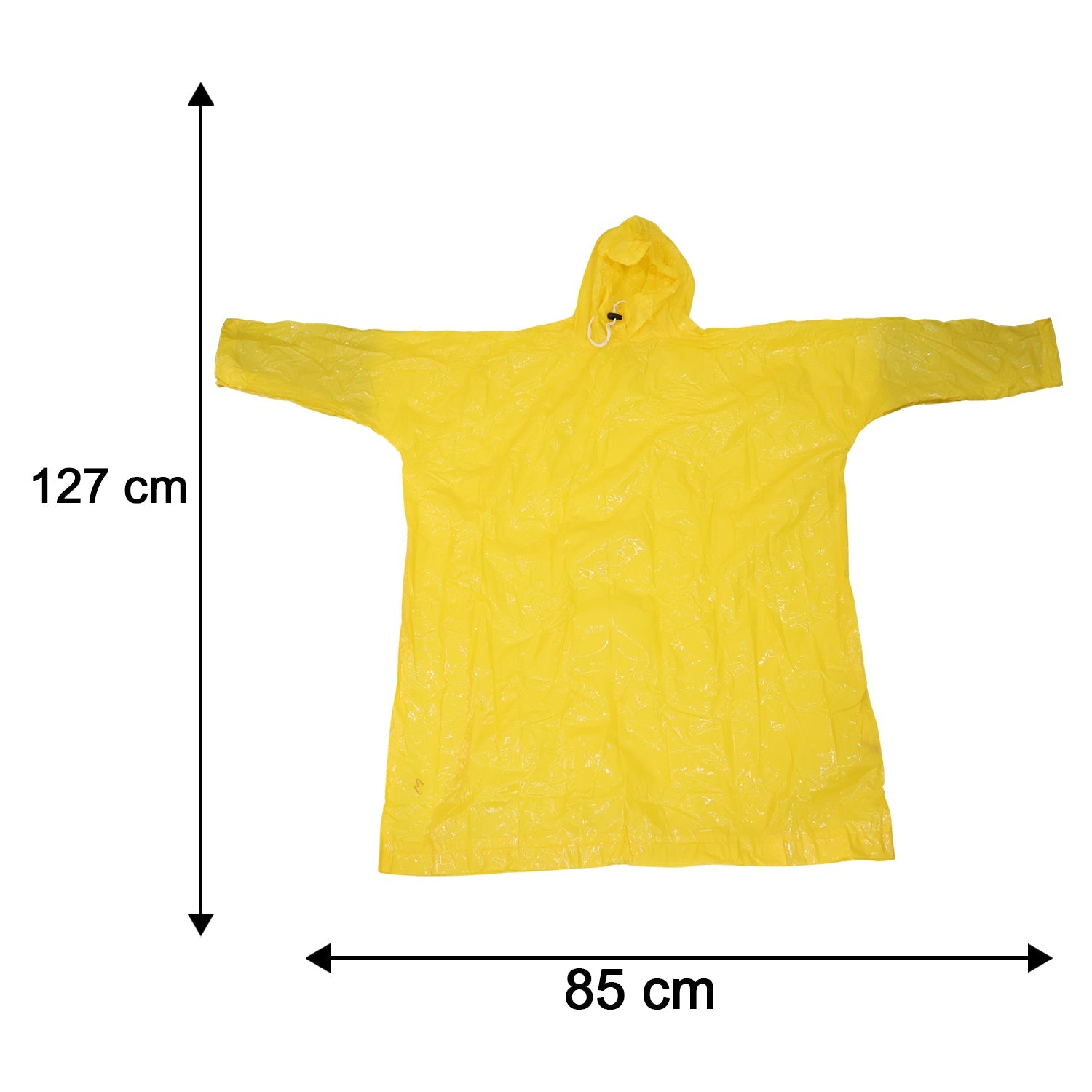 Yellow waterproof rain poncho shown with size reference for adult fit.