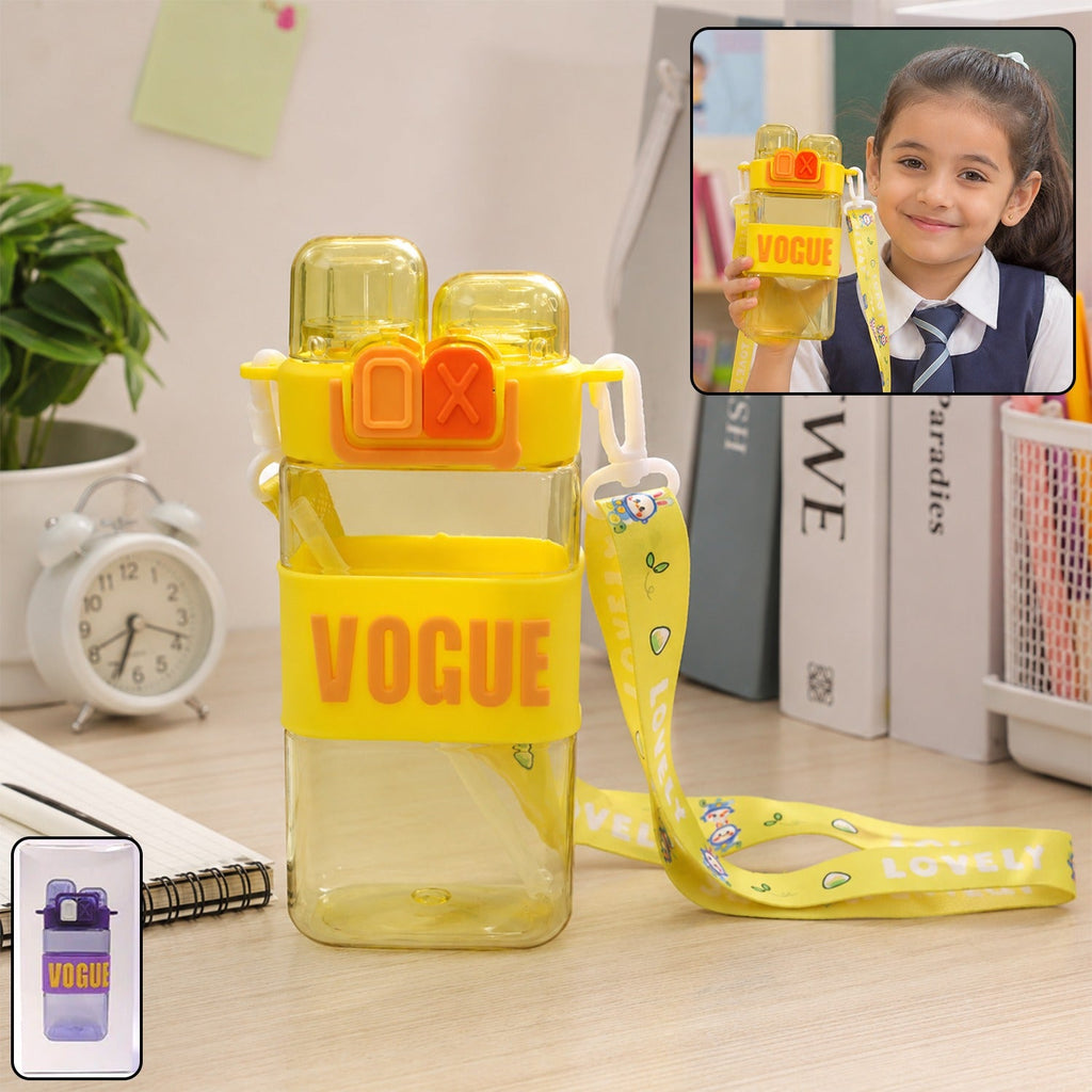 Girls dual compartment plastic water bottle with a straw and carry strap.